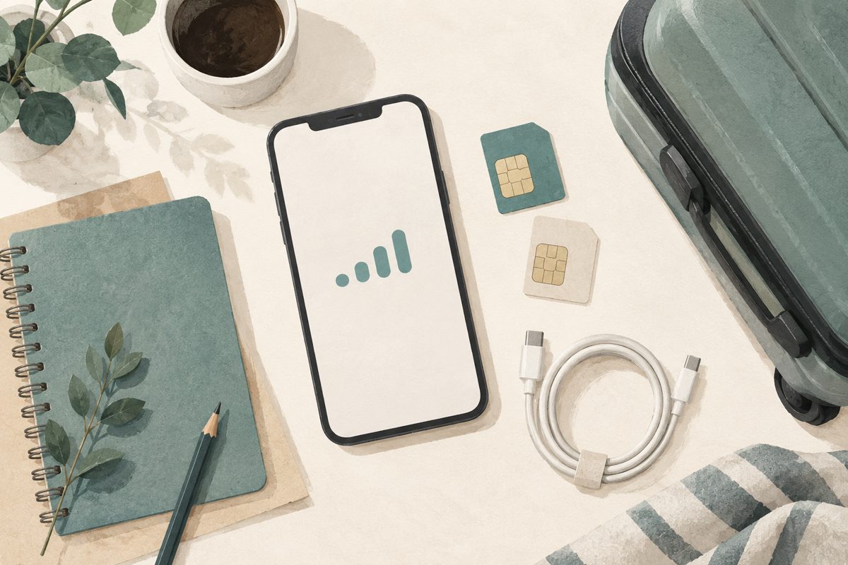 AI illustration of a phone and travel preparation items