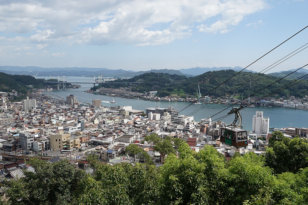 Ropeway car, Onomichi rooftops and the channel viewed from Senkoji